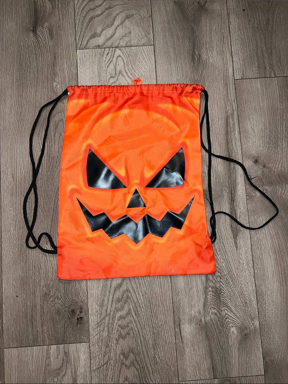 Neon Orange Halloween Pumpkin Drawstring Gym Sack with Black Cords
